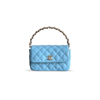 CHANEL HANDLE FLAP BAG PATENT CALFSKIN & GOLD METAL AQUA BLUE 496585 (18.5*10.5*8cm)